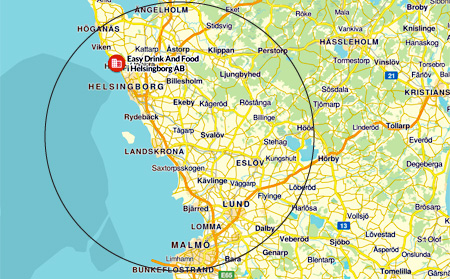 Karta som beskriver EasySnacks verksamhetsområde i Helsingborgs närhet
